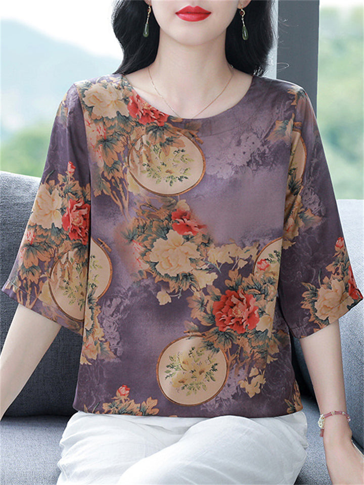 Female Elegant Summer Print O-Neck Half Sleeve Shirt
