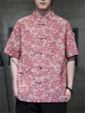 Men's Cotton Linen Stand Collar Short Sleeve Tang Suit Shirts