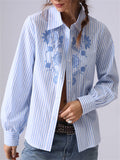 Women's French Style Embroidery Blue Stripe Shirts