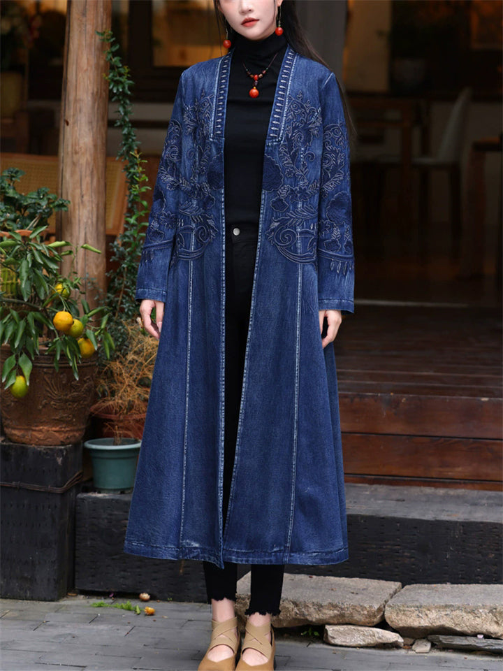 Women's Long V Neck Retro Embroidery Denim Cardigan Coat