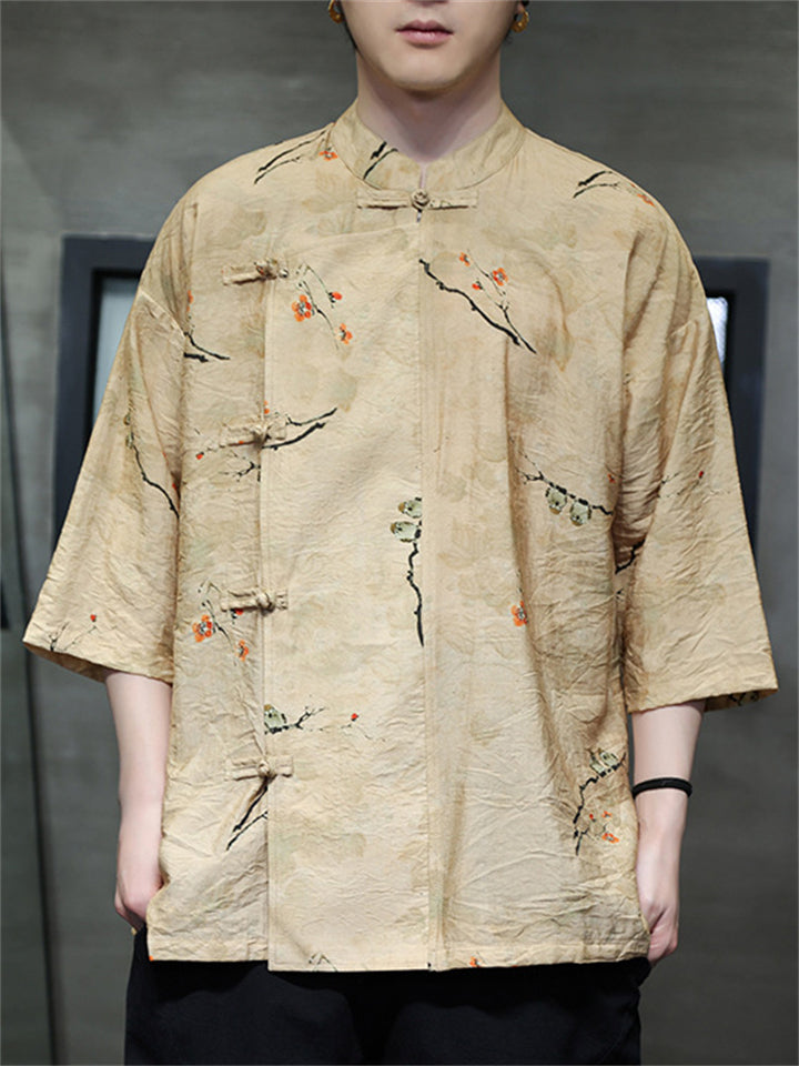 Men's Summer Cool Chinese Style Print Slant Placket Half Sleeve Shirts