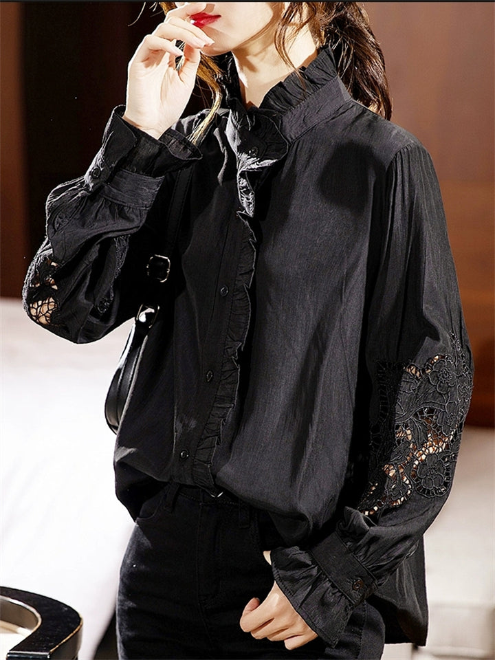 Korean Style Women's Long Sleeve Hollow Embroidery Shirts