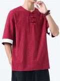 Men's Casual Chinese Style Print Round Collar Half Sleeve Shirt