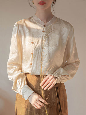 Apricot Bamboo Leaf Jacquard Elegant Satin Shirt for Women