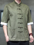 Men's Faux Suede Chinese Kung Fu Short Sleeve Frog Button Shirts