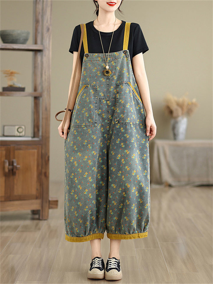 Women's Floral Print Contrast Color Overall Denim Jumpsuits