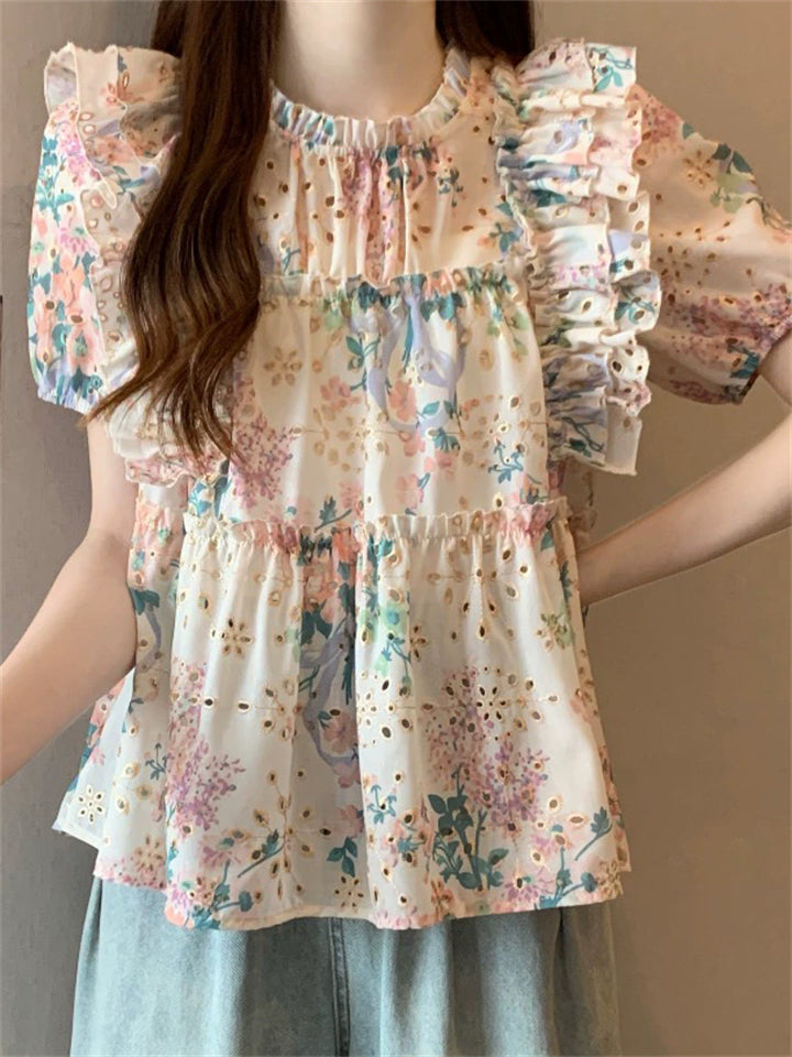Women's Summer Sweet Style Floral Printed Puffed Sleeve Shirts