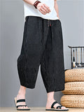 Men Striped Cotton Linen Baggy Wide Leg Cropped Harem Pants