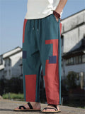 Mens Patchwork Color Block Cotton Linen Loose Harem Cropped Pants