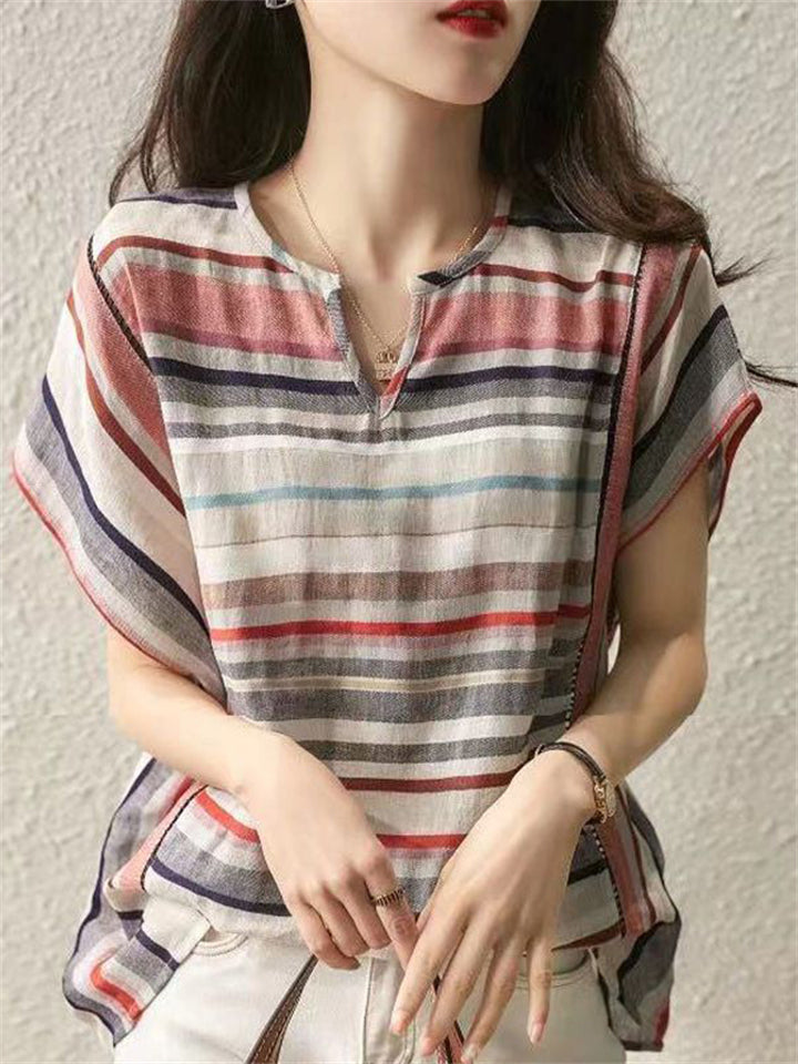 Women's Summer Casual V Neck Stripe Shirts