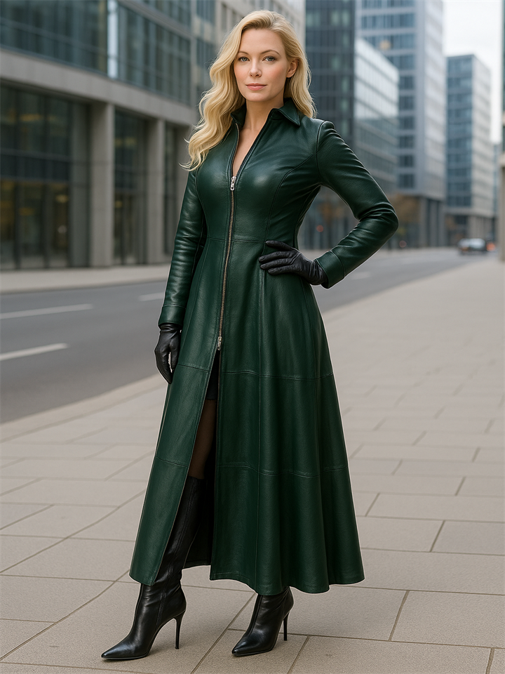 Women's Retro Zip Up Stand Collar Slim Fit PU Leather Dress