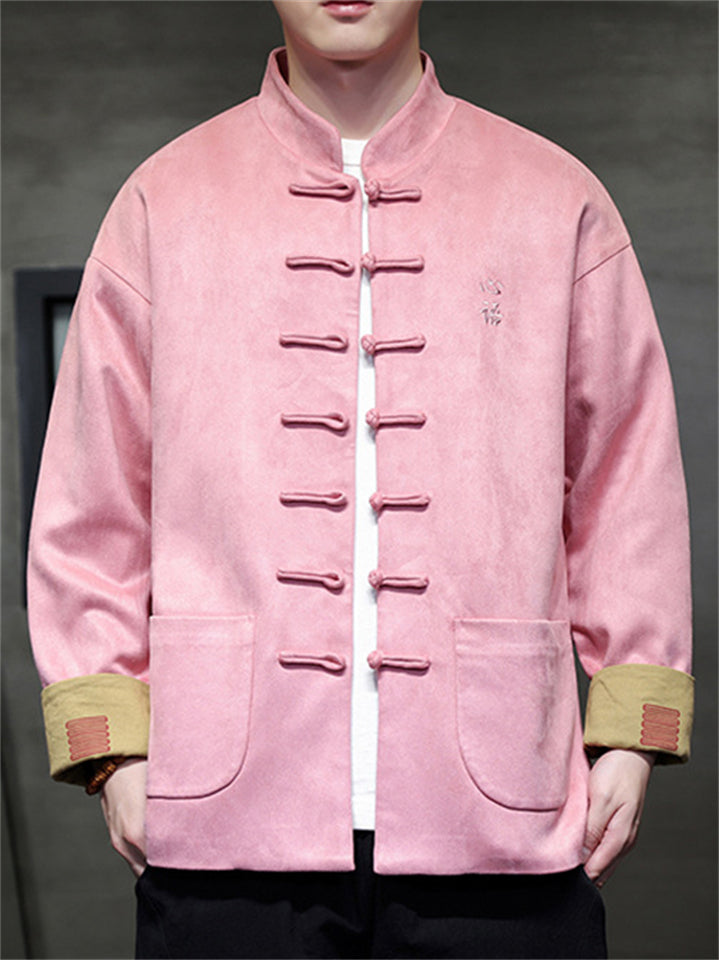 Men Chinese Style Stand Collar Loose Fit Jacket with Hanzi Embroidery