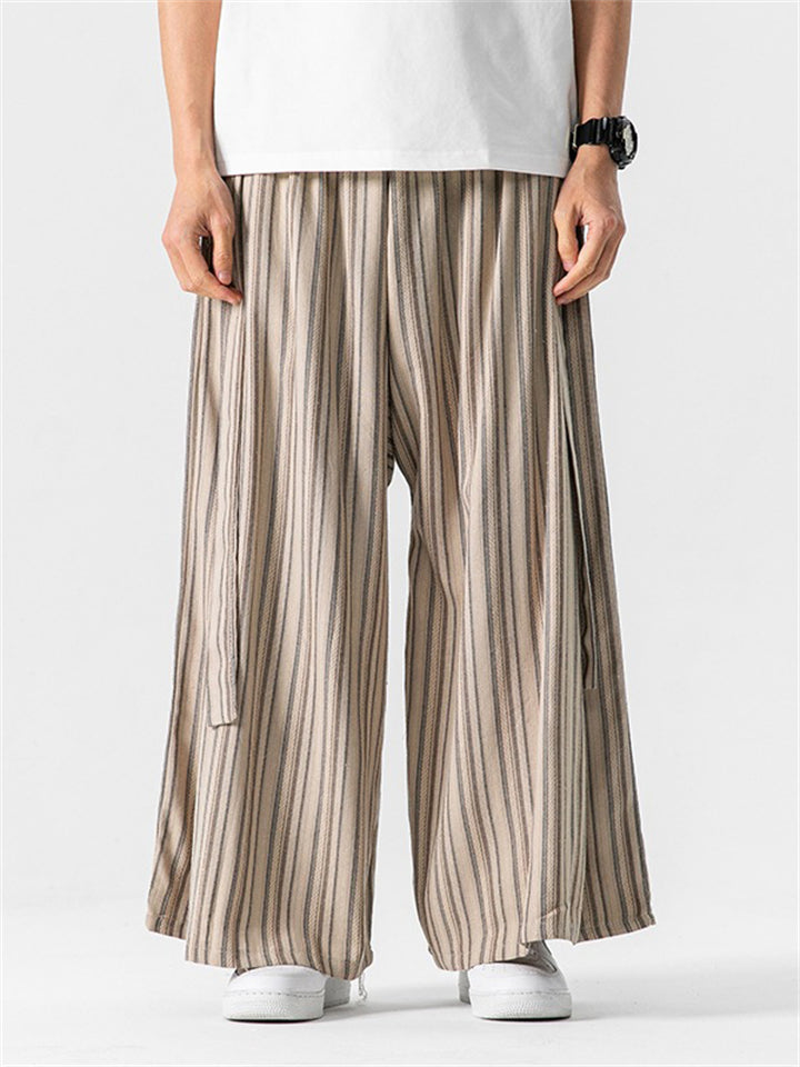 Men's Retro Cotton Linen Stripe Wide Leg Straight Pants