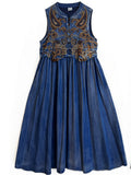Women's O-neck Sleeveless Floral Embroidery Denim Tank Dress