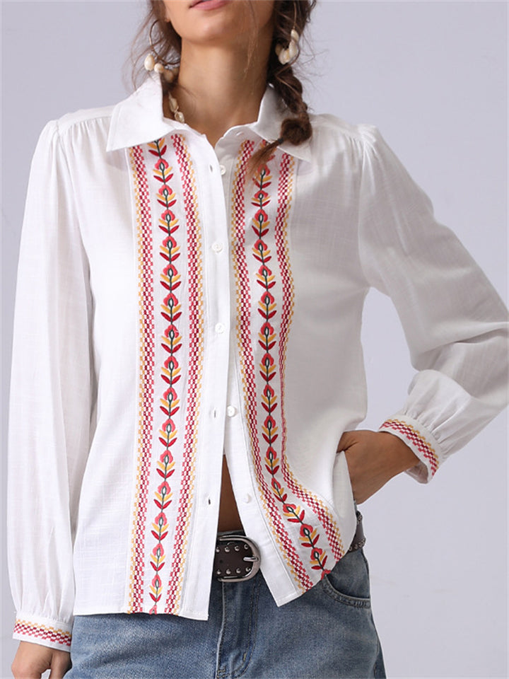 Women's French Style Embroidery Lapel Long Sleeve Shirt