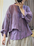 Retro Loose Linen Stand Collar Asymmetric Textured Shirt for Women