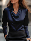 Women's Elegant Lapel Collar Long Sleeve Satin Blouses