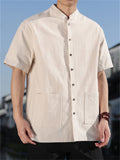 Men's Simple Short Sleeve Ramine Blend Mandarin Collar Casual Shirts
