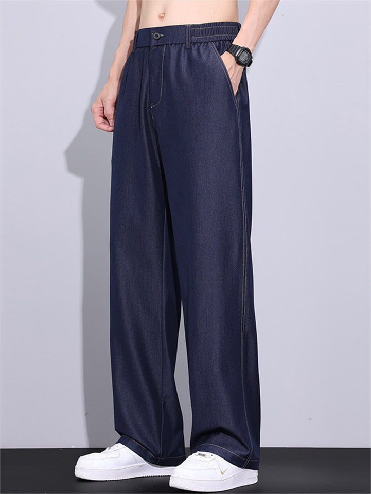 Men's Ice Silk Soft Wide Leg Relaxed Fit Elastic Waist Denim Jeans