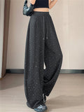 Women's Casual Rhinestone High Waist Baggy Wide Leg Sweatpants