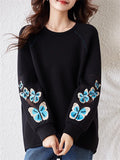 Women's Black Butterflies Embroidery Long Sleeve Pullover Sweatshirt