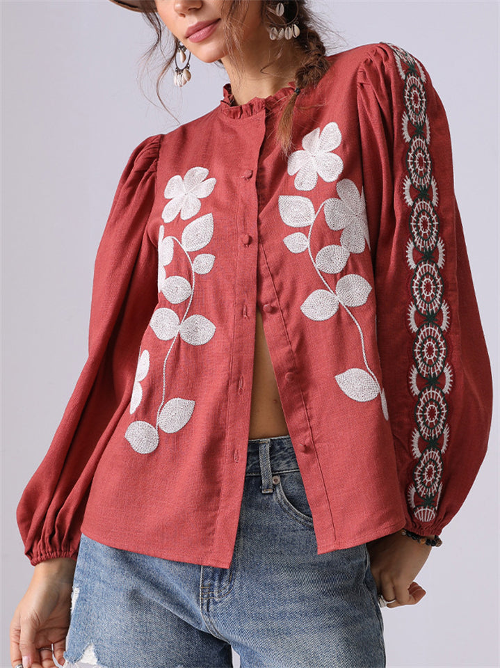 Women's French Style Embroidery Puffed Sleeve Shirt