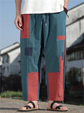 Mens Patchwork Color Block Cotton Linen Loose Harem Cropped Pants