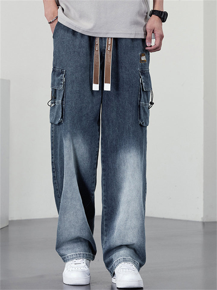 Men High Street Cargo Jeans Drawstring Wide Leg Washed Baggy Denim Pants