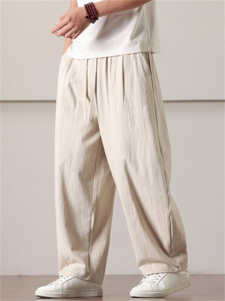 Mens Summer Linen Cotton Loose Fit Baggy Drawstring Pants