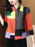 Female's One Size Elegant Striped Contrast Color Lapel 3/4 Sleeve Shirts
