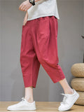 Mens Linen Blend Loose Baggy Cropped Wide Leg Harem Pants with Pockets