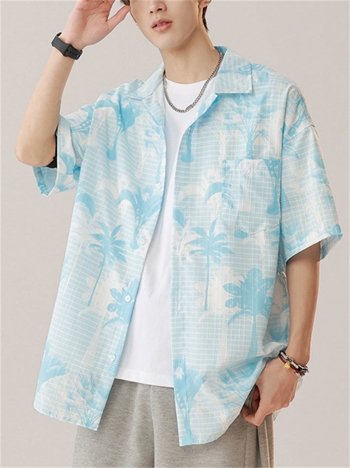 Men's Holiday Style Blue Coconut Tree Print Lapel Beach Shirt