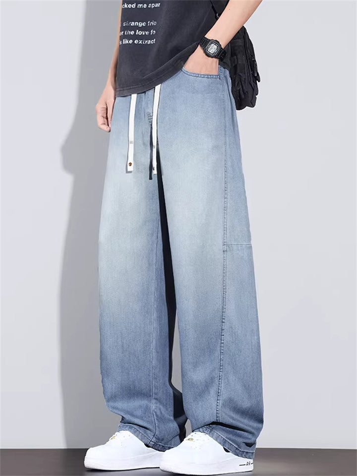 Men Summer Lyocell Wash Wide Leg Baggy Jeans Elastic Waist Denim