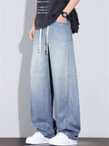 Men Summer Lyocell Wash Wide Leg Baggy Jeans Elastic Waist Denim