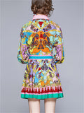 Women's 2Pcs Contrast Color Print Lapel Shirt & Pleated Skirt Set