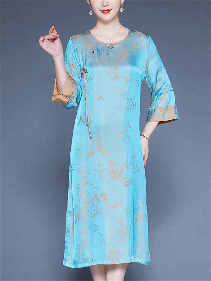 Women's Xiang Yunsha Mountain Print Contrast Trim O-neck 3/4 Sleeve Dress