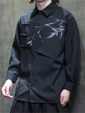 Mens Vintage Chinese Style Ink Bamboo Print Patchwork Button Shirts