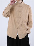 Chinese Style Loong Print Long Sleeve Linen Shirts for Men