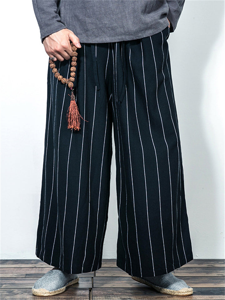 Men's Casual Summer Linen Wide Leg Stripe Pants