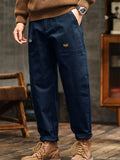 Men's Japanese Style Cotton Solid Color Pockets Straight Cargo Pants with Belt