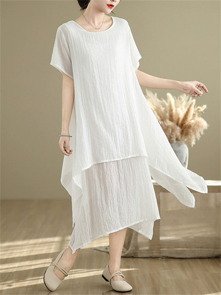 Women's Casual Solid Color Round Neck Double-layer Big Hem Midi Dress