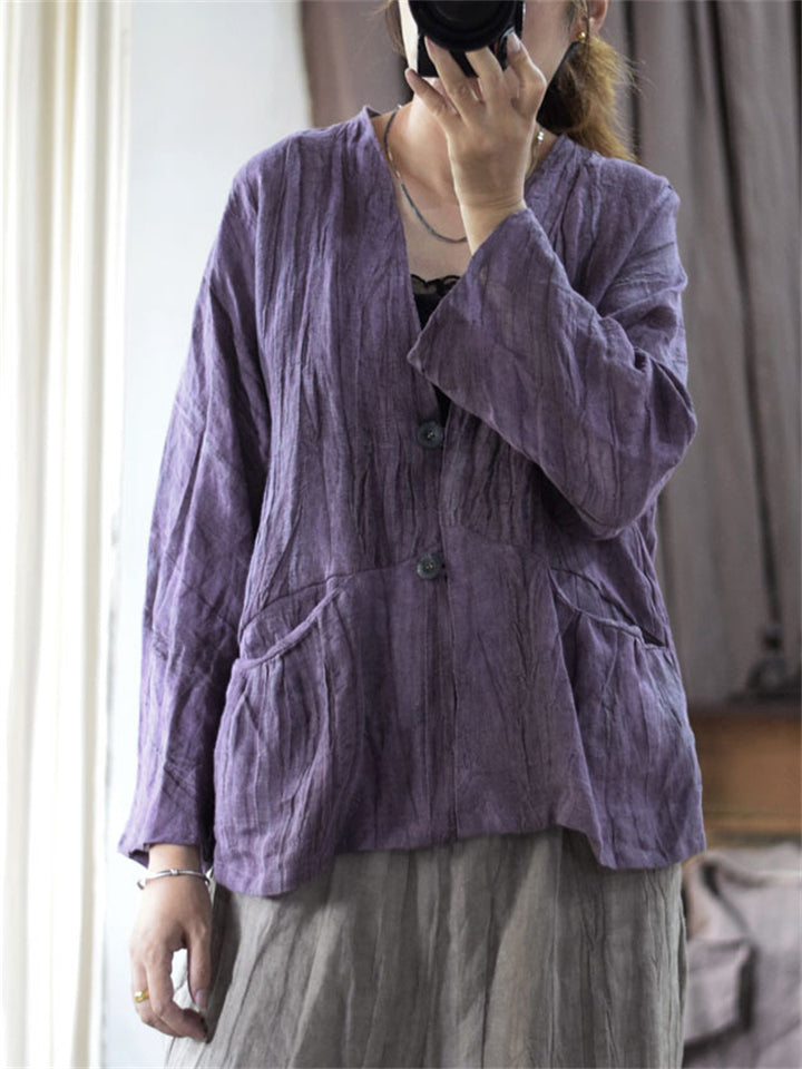 Women's Vintage V-Neck Loose Linen Texture Long Sleeve Shirts
