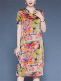 Flower Print V-neck Short Sleeve A-Line Dress for Women