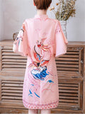 Women's Pink Elegant Phoenix Printed QIPAO Style Knee Length Dress