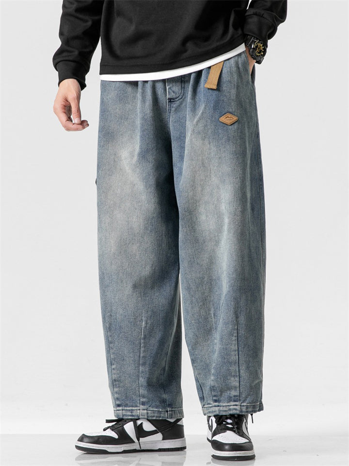Japanese Style Men's Distressed Wide-Leg Straight Jeans