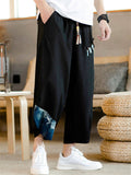 Men's Japanese Style Patchwork Drawstring Cotton Linen Wide Leg Capri Pants