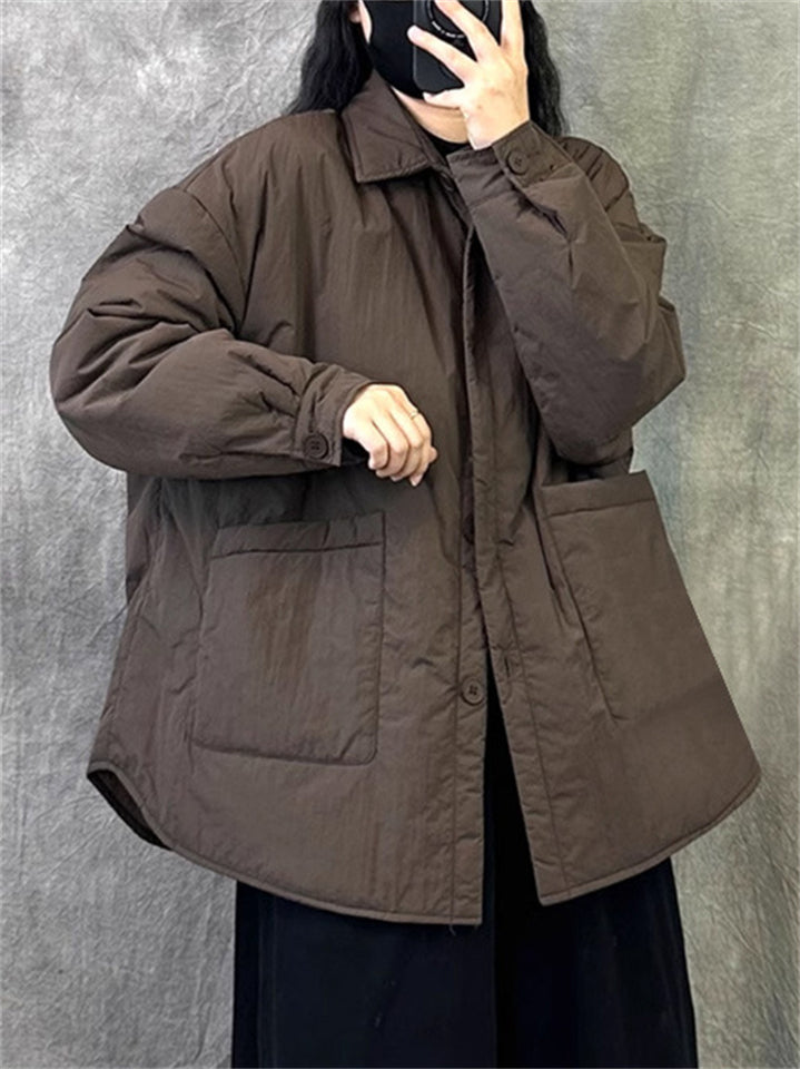 Retro Short Solid Solor Long Sleeve Pockets Coat for Women