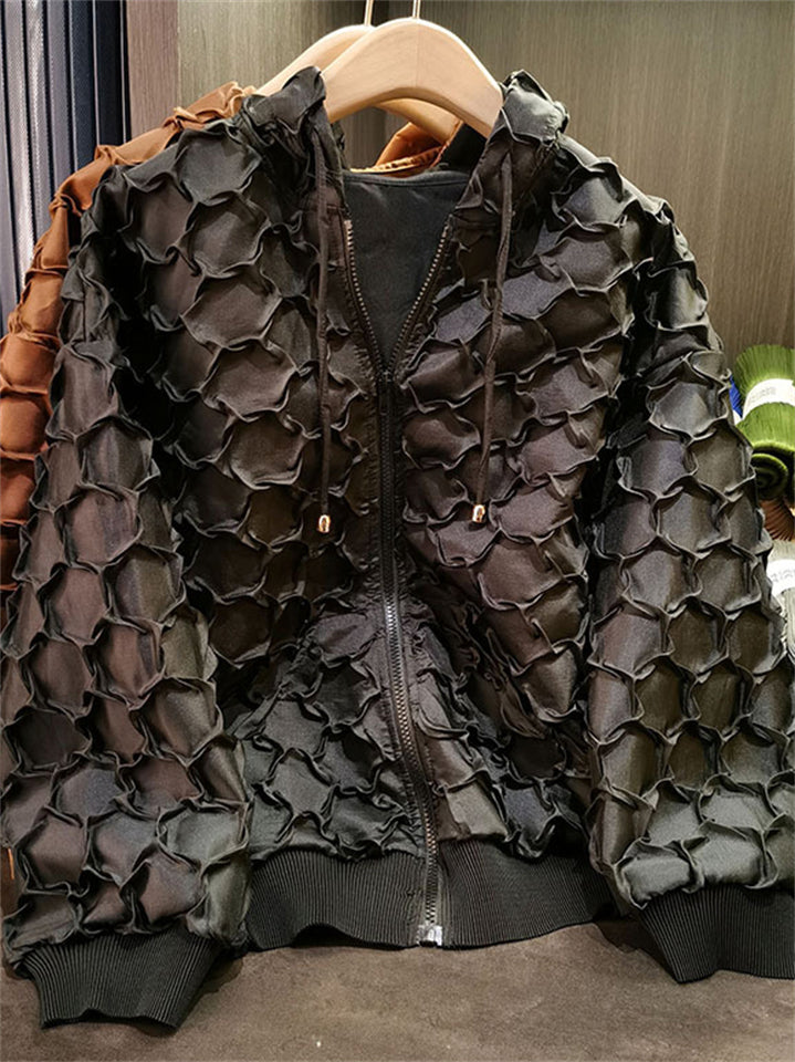 Women's Stylish Zip-Up 3D Textured Long Sleeve Hooded Jackets