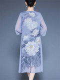 Summer Flower Print O-neck 3/4 Sleeve  A-Line Dress for Women