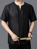 Men's 2Pcs Summer Chinese Style Black Tussah Silk Short Sleeve Tangsuit Outfits